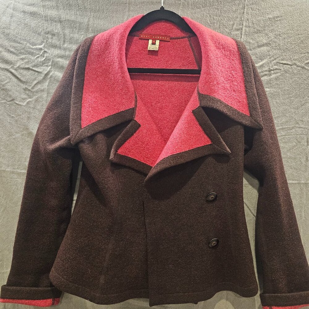 Ryan Roberts Women's Retro Boho Wool Long Sleeve Collared Top Size M Brown/Pink